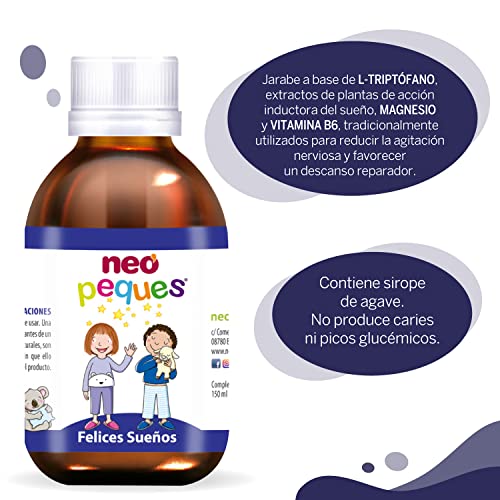 NEO PEQUES | Jarabe Infantil Felices Sueños | 150 ml | Para Problemas de Sueño e Inquietud en Niños | Ayuda a Dormir Mejor | Con Melisa, Tilo, L-Triptófano, Magnesio y Vitamina B6