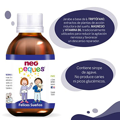 NEO PEQUES | Jarabe Infantil Felices Sueños | 150 ml | Para Problemas de Sueño e Inquietud en Niños | Ayuda a Dormir Mejor | Con Melisa, Tilo, L-Triptófano, Magnesio y Vitamina B6