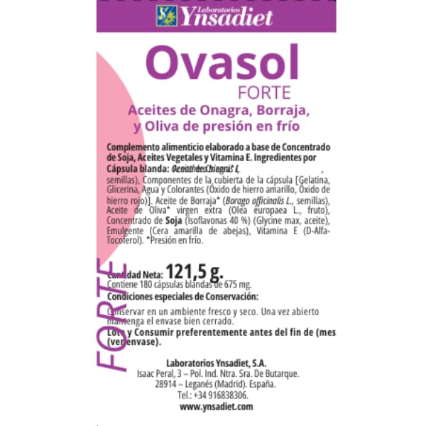Ovasol Forte 180 cápsulas blandas | Isoflavonas de soja + Onagra + Borraja + Oliva virgen extra | Con Vitamina E | Apto para veganos | Laboratorios Ynsadiet