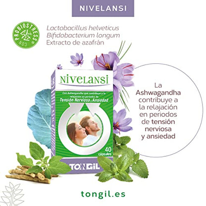 Nivelansi 80 Cápsulas con Ashwagandha y Rhodiola, Azafrán, 5HTP, Griffonia, Melisa, Vitamina B6 | Tensión Nerviosa y Ansiedad | Fórmula Equilibrada | Ansiedad Pastillas Naturales TONGIL