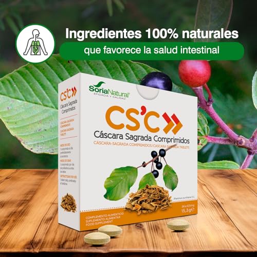 Soria Natural Cáscara Sagrada Comprimidos – Favorece la Salud Intestinal - Acción Laxante Natural – Ayuda a la Función Digestiva y a la Regulación del Estreñimiento - 36 comprimidos de 425 mg.