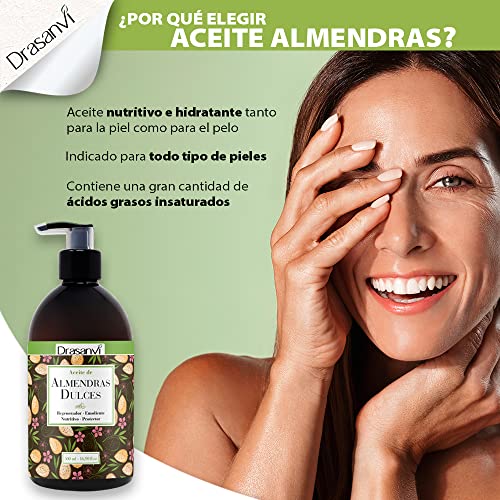 DRASANVI Aceite de Almendras Dulces con Vitamina A y E | Aporta ácidos Grasos Esenciales| Reduce Arrugas y Estrías | Hidrata y Nutre la Piel y el Cabello | uso Tópico o Emoliente| 500 ml