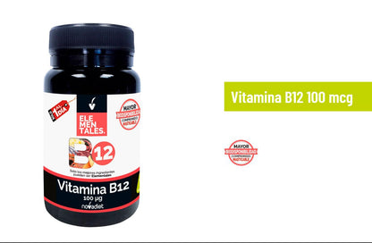 Novadiet - ELEMENTALES VITAMINA B12 100 mcg Comprimidos con Vitamina B12 - Complemento Alimenticio - Para el Sistema Nervioso y la Energía - 120 Comprimidos Masticables