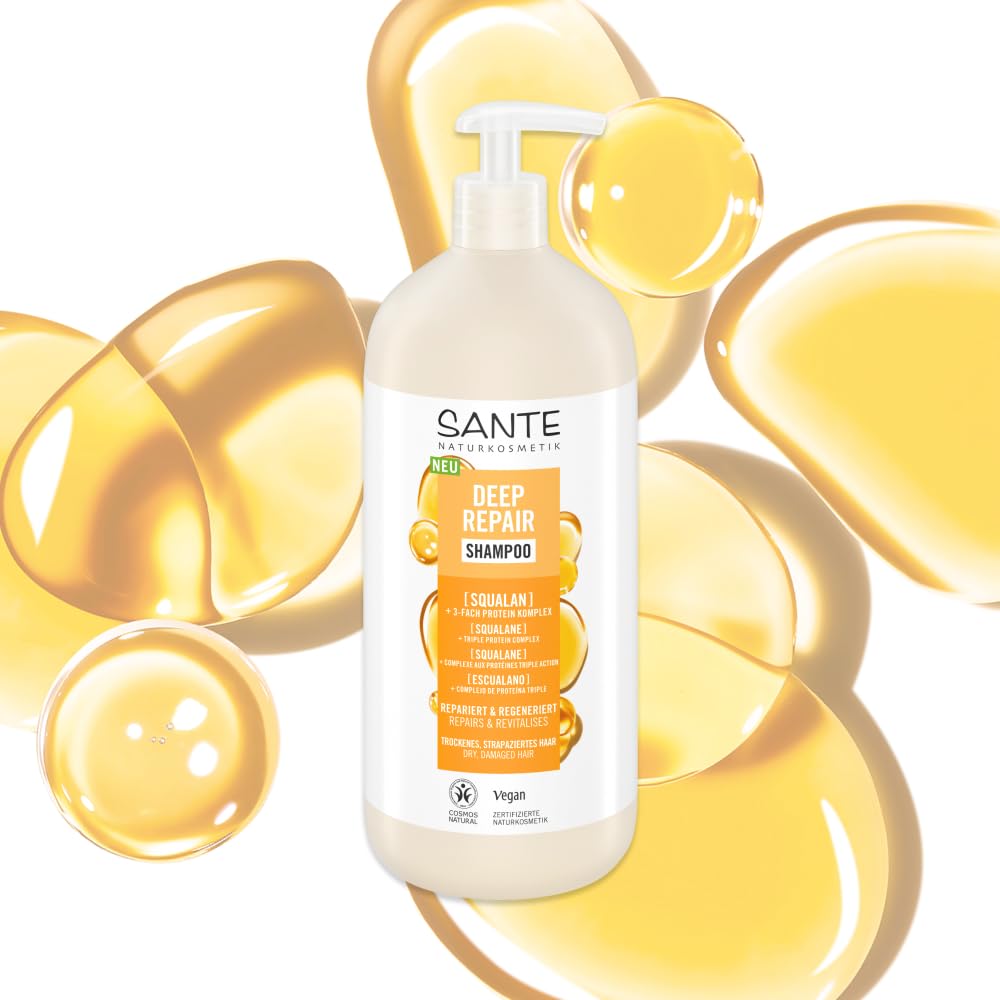 SANTE Naturkosmetik Deep Repair - Champú escualano + complejo de proteínas de 3 capas, champú vegano para el cuidado del cabello suave y brillante, repara el cabello seco y dañado, 950 ml