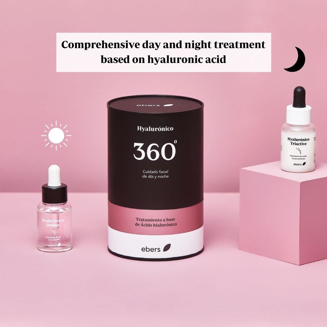 Ebers Hyalurónico 360º. Tratamiento intensivo día y noche a base de ácido hialurónico. Fórmula vegana. Hyaluronico Dermo (día) 30 ml + Hyarluronico Triactive (noche) 30 ml