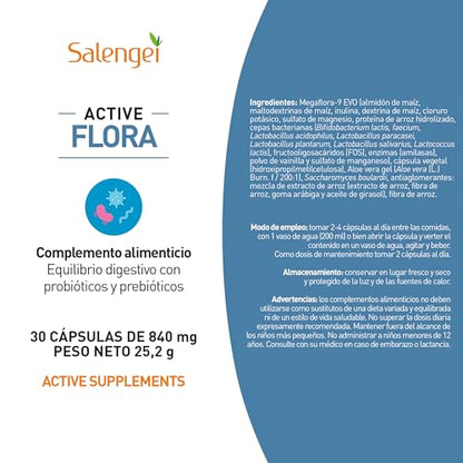 ACTIVE FLORA (NO LACTEO) - Con Probióticos, sacharomyces boulardii y Aloe Vera, para el equilibrio digestivo | Cepas bacterianas de gran supervivencia | Para el mantenimiento de la flora intestinal |