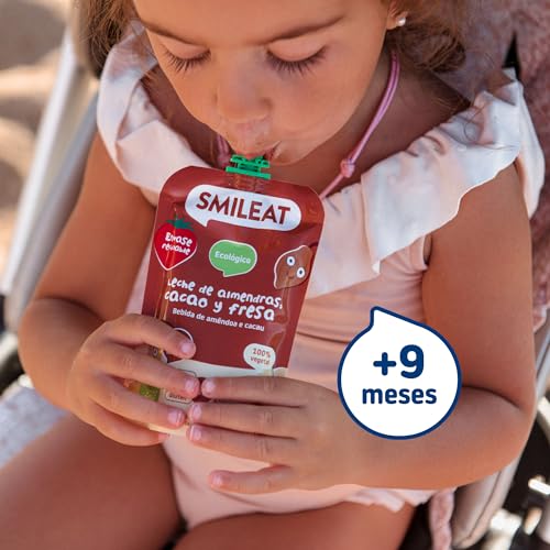 Smileat - Pouch de Leche de Almendra, Cacao y Fresa, Ingredientes Naturales Bebibles, Para Bebés a Partir de los 9 Meses - 100g