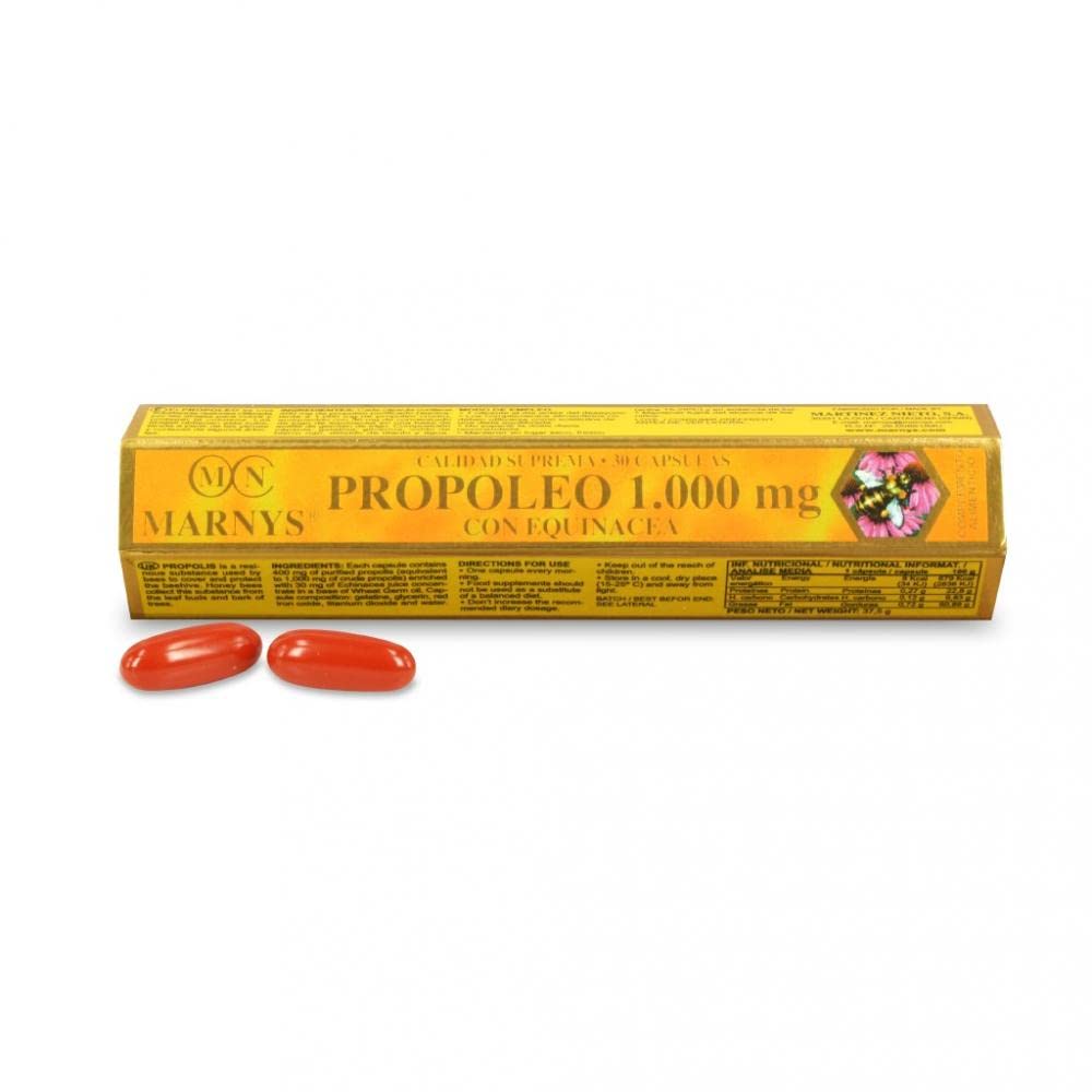 Propóleo con Equinácea MARNYS, Defensas y Respiración Durante los cambios Estacionales, Propóleo 1000 Mg, 30 Cápsulas