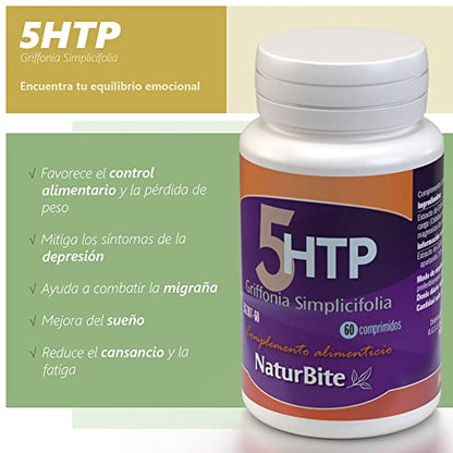 Naturbite 5-Htp 60 Comprimidos. Promueve la relajación y reduce el estrés, Ayudando Al Estado De Ánimo. Mejora El Sueño Natural y el Descanso Tranquilo