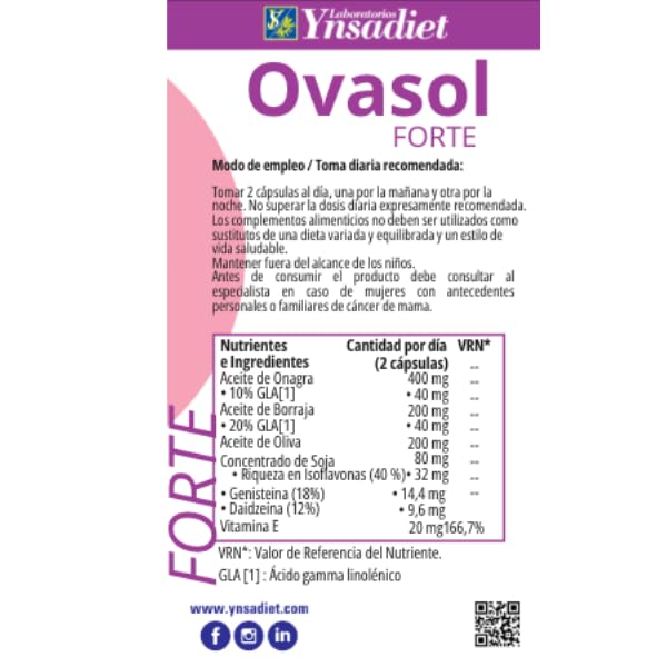 Ovasol Forte 180 cápsulas blandas | Isoflavonas de soja + Onagra + Borraja + Oliva virgen extra | Con Vitamina E | Apto para veganos | Laboratorios Ynsadiet