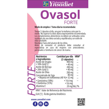 Ovasol Forte 180 cápsulas blandas | Isoflavonas de soja + Onagra + Borraja + Oliva virgen extra | Con Vitamina E | Apto para veganos | Laboratorios Ynsadiet