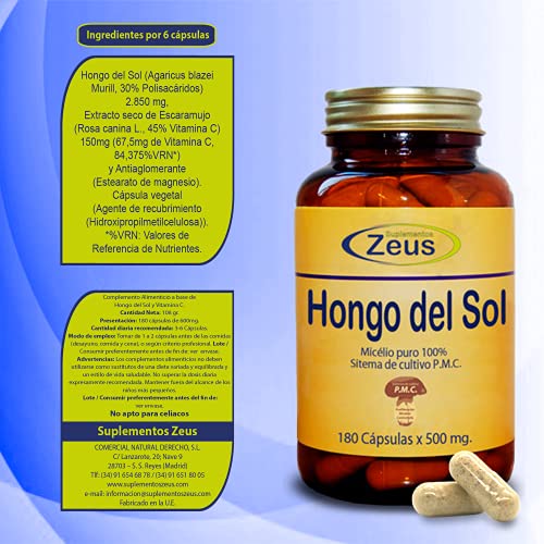 HONGO DEL SOL | Contribuye al funcionamiento normal del sistema inmunitario | Complemento Alimenticio a base de Hongo del Sol y Vitamina C | 100% Vegano | 180 Cápsulas Vegetales