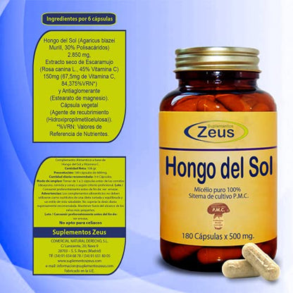 HONGO DEL SOL | Contribuye al funcionamiento normal del sistema inmunitario | Complemento Alimenticio a base de Hongo del Sol y Vitamina C | 100% Vegano | 180 Cápsulas Vegetales