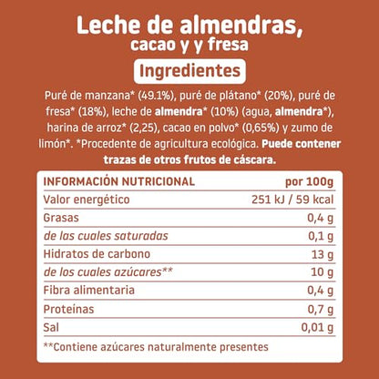 Smileat - Pouch de Leche de Almendra, Cacao y Fresa, Ingredientes Naturales Bebibles, Para Bebés a Partir de los 9 Meses - 100g