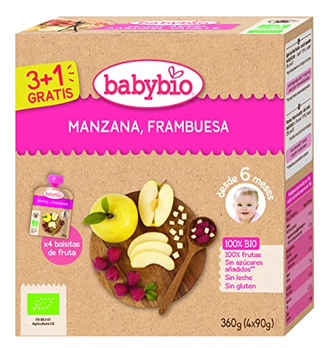 Babybio - Bolsita De Fruta Bio - Manzana Frambuesa Bio - 4X90 G - 6+