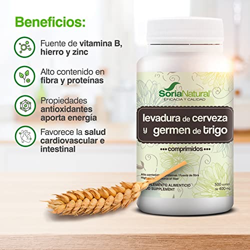 Soria Natural Levadura de Cerveza y Germen de Trigo | Previene la Caída del Cabello, Antioxidante, Aporta Energía, Ayuda en la salud intestinal y Cardiovascular | Vitamina B, Hierro, Zinc | 500caps