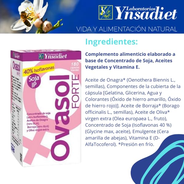 Ovasol Forte 180 cápsulas blandas | Isoflavonas de soja + Onagra + Borraja + Oliva virgen extra | Con Vitamina E | Apto para veganos | Laboratorios Ynsadiet
