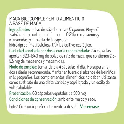 El Granero Integral - Maca Bio - 60 Cápsulas - Apto para Veganos - Complemento Alimenticio Elaborado a Base de Polvo de Raíz de Maca Ecológica - Energía y Vitalidad