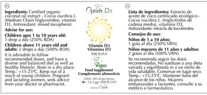 Vitamina D en gotas 500 UI vegana origen vegetal | liquen natural | Suplemento Bebe, niños, adultos, embarazo | Optim D3