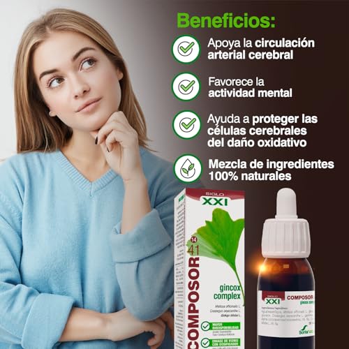 Soria Natural Composor 41 - Ginkgo Complex - Soporte de Memoria y Concentración, Activa la Circulación - Propiedades Antioxidantes - Ginkgo Biloba - Suplemento Cerebral Natural - Botella de 50ml