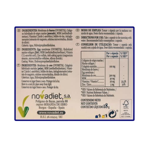 Novadiet - COLAMAG MEMBRANA con Colágeno Marino, Membrana de Huevo, Vitamina C y Zinc - Fortalece Articulaciones y Huesos, Regenera el Cartílago y Alivia el dolor, Cuidado del Bienestar - 30 cápsulas
