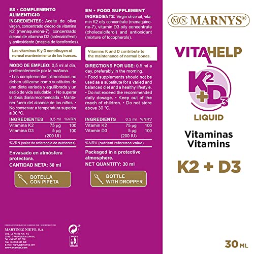 Marnys Vitamina K2-D3 Líquida, Huesos y Circulación Saludables, Botella con Pipeta 30 Ml 80 g