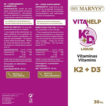 Marnys Vitamina K2-D3 Líquida, Huesos y Circulación Saludables, Botella con Pipeta 30 Ml 80 g