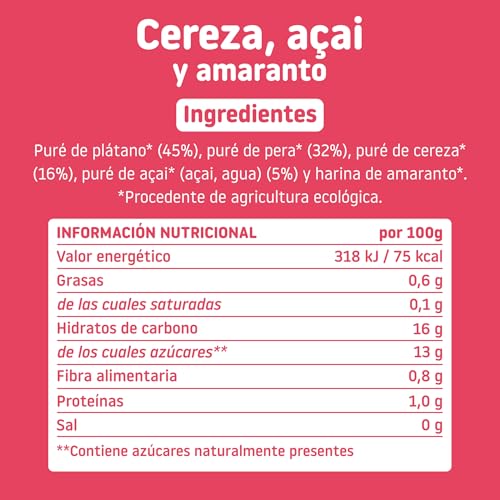 Smileat - Pouch Ecológico de Cereza, Açai y Amaranto, Ingredientes Naturales Bebibles, Para Bebés a Partir de los 8 Meses - 100g