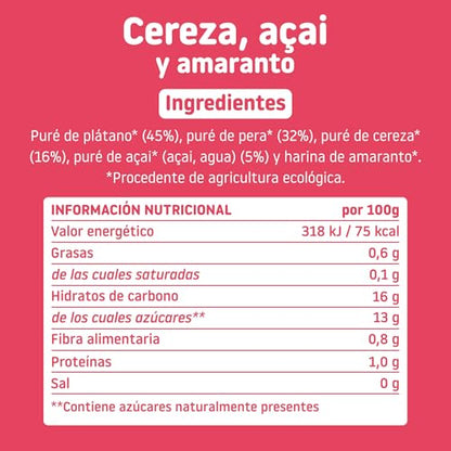 Smileat - Pouch Ecológico de Cereza, Açai y Amaranto, Ingredientes Naturales Bebibles, Para Bebés a Partir de los 8 Meses - 100g