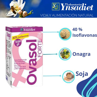 Ovasol Forte 180 cápsulas blandas | Isoflavonas de soja + Onagra + Borraja + Oliva virgen extra | Con Vitamina E | Apto para veganos | Laboratorios Ynsadiet