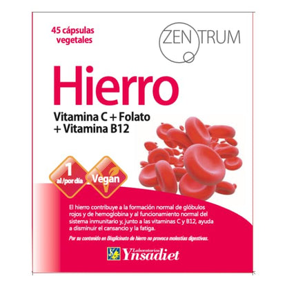 Hierro Bisglicinato con Vitamina C, B12 y Ácido Fólico | 45 Cápsulas Vegetales | Alta Absorción | Disminuye el Cansancio y la Fatiga | Laboratorios Ynsadiet