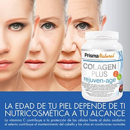 Prisma Natural Colagen plus rejuven-age Colageno en Polvo con Ácido Hialurónico y Vitamina C. Suplemento Antiedad para Articulaciones, Huesos, Piel, Uñas y Pelo, 300 g