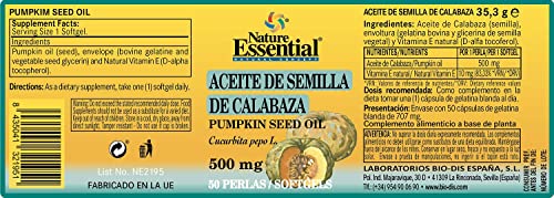 Nature Essential - Aceite de Semilla de Calabaza 500 mg - 50 Perlas - Complemento Alimenticio - Contenido en Omega 3, Hierro, Potasio, Zinc y Magnesio