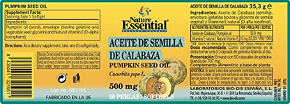 Nature Essential - Aceite de Semilla de Calabaza 500 mg - 50 Perlas - Complemento Alimenticio - Contenido en Omega 3, Hierro, Potasio, Zinc y Magnesio