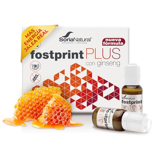 Soria Natural Fostprint Plus con Ginseng - Vitaminas para el Cansancio y la Memoria - Jalea Real, Vitaminas Grupo B, Biotina, Vitamina E, Vitamina D, L Carnitina y Propóleo Puro - 20 Viales con 15ml