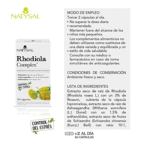 RHODIOLA COMPLEX® 60 CÁPSULAS | Complemento alimenticio a base de extractos de Rhodiola, Ashwagandha y Schizandra | Control del Estrés Físico y Emocional | Natysal