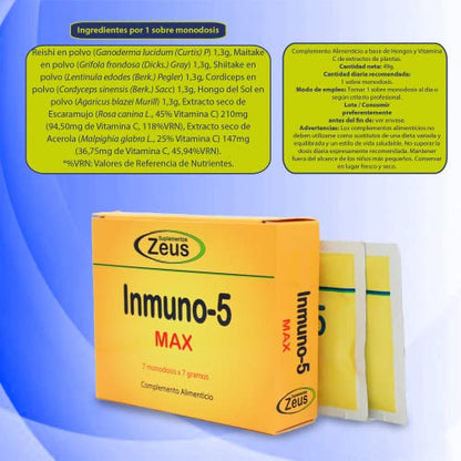 INMUNO-5 MAX | Contribuye al funcionamiento normal del sistema inmunitario |Complemento Alimenticio a base de Hongos y Plantas que aportan Vitamina C |100% Vegano|7 Sobres