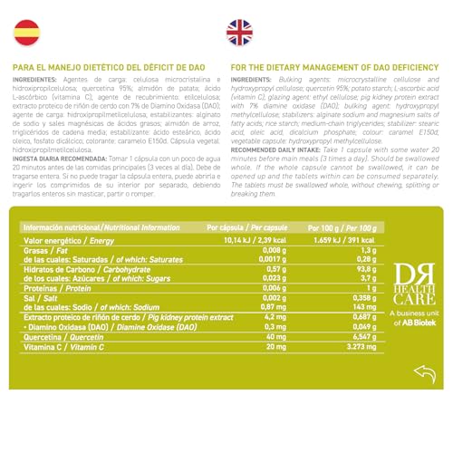 DAOfood Plus- Manejo del Déficit De DAO - Intolerancia a la histamina - Enzima DAO, Quercetina y Vitamina C - 60 Cápsulas Con Comprimidos Gastrorresistentes