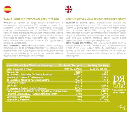 DAOfood Plus- Manejo del Déficit De DAO - Intolerancia a la histamina - Enzima DAO, Quercetina y Vitamina C - 60 Cápsulas Con Comprimidos Gastrorresistentes