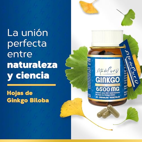 Ginkgo Biloba Estado Puro 6500mg | Extracto Estandarizado y Máxima Concentración | 24% de Flavonoides y 6% de Terpenos | Memoria y Concentración + Circulación | 40 Cápsulas de Tongil
