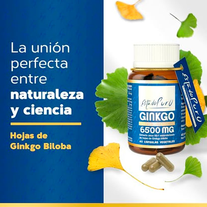 Ginkgo Biloba Estado Puro 6500mg | Extracto Estandarizado y Máxima Concentración | 24% de Flavonoides y 6% de Terpenos | Memoria y Concentración + Circulación | 40 Cápsulas de Tongil