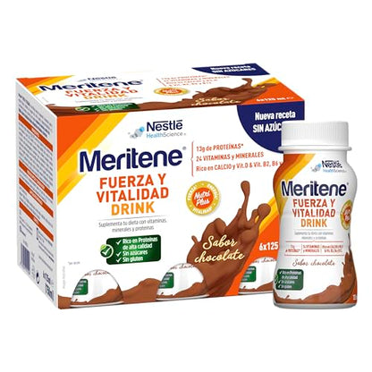 Meritene | Fuerza y Vitalidad | Suplemento Alimenticio | Listo para Tomar | Batido con Proteínas Vitaminas y Minerales | Sabor Chocolate | Refuerzo del Sistema Inmunitario | 6 Unidades | 125 ml