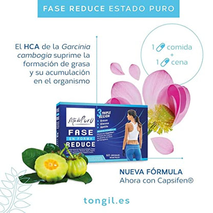 Fase Reduce Estado Puro - Quemagrasas Potente para Adelgazar - Adelgazante x3 Grasas, Glucosa, Apetito - Garcinia Cambogia, Forskolina, Moringa, Capsaicina, Inositol, Cromo - 60 Cápsulas de Tong-il