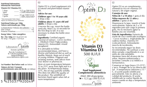 Vitamina D en gotas 500 UI vegana origen vegetal | liquen natural | Suplemento Bebe, niños, adultos, embarazo | Optim D3