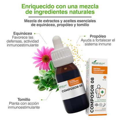Soria Natural Composor 8 - Equinácea, Propóleo y Tomillo - Aumenta tus Defensas, Refuerza el Sistema Inmune - Prevención y Alivio de Resfriados -100% Natural -