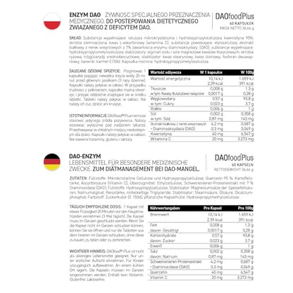 DAOfood Plus- Manejo del Déficit De DAO - Intolerancia a la histamina - Enzima DAO, Quercetina y Vitamina C - 60 Cápsulas Con Comprimidos Gastrorresistentes