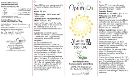 Vitamina D en gotas 500 UI vegana origen vegetal | liquen natural | Suplemento Bebe, niños, adultos, embarazo | Optim D3