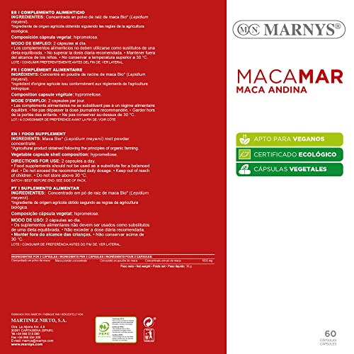 Maca Andina BIO - Macamar - Energía, vitalidad y deseo en la mujer - Para combatir el cansancio y la fatiga - 60 cápsulas vegetales