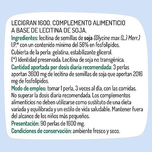 El Granero Integral - Lecigran - 90 Perlas - 1600 mg - Elaborado con Lecitina de Semillas de Soja - Alto Contenido en Fosfolípidos - Ayuda a Enriquecer la Alimentación