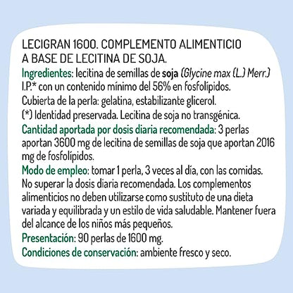 El Granero Integral - Lecigran - 90 Perlas - 1600 mg - Elaborado con Lecitina de Semillas de Soja - Alto Contenido en Fosfolípidos - Ayuda a Enriquecer la Alimentación